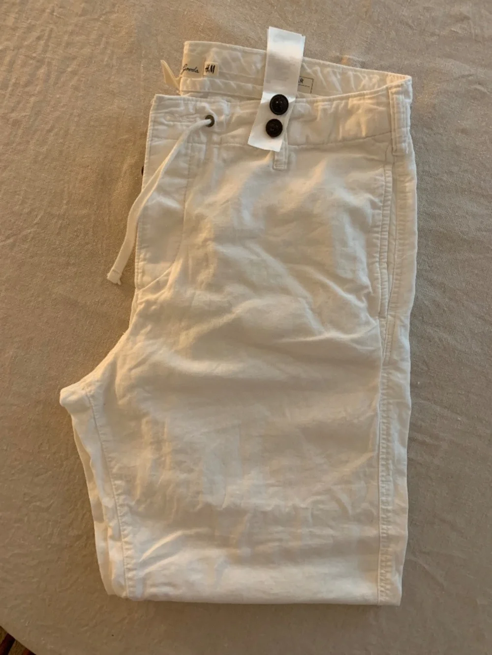 H&M L.O.G.G. Off-White Linen Blend Drawstring Hem Straight Pants US 4
